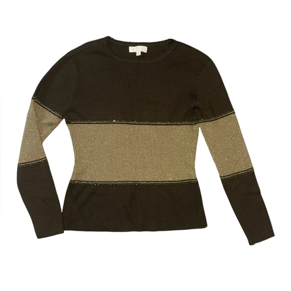 Sanctuary Sweaters - Sanctuary Women’s Large Chocolate & Gold Metallic Stripe Knit Glamorous Sweater